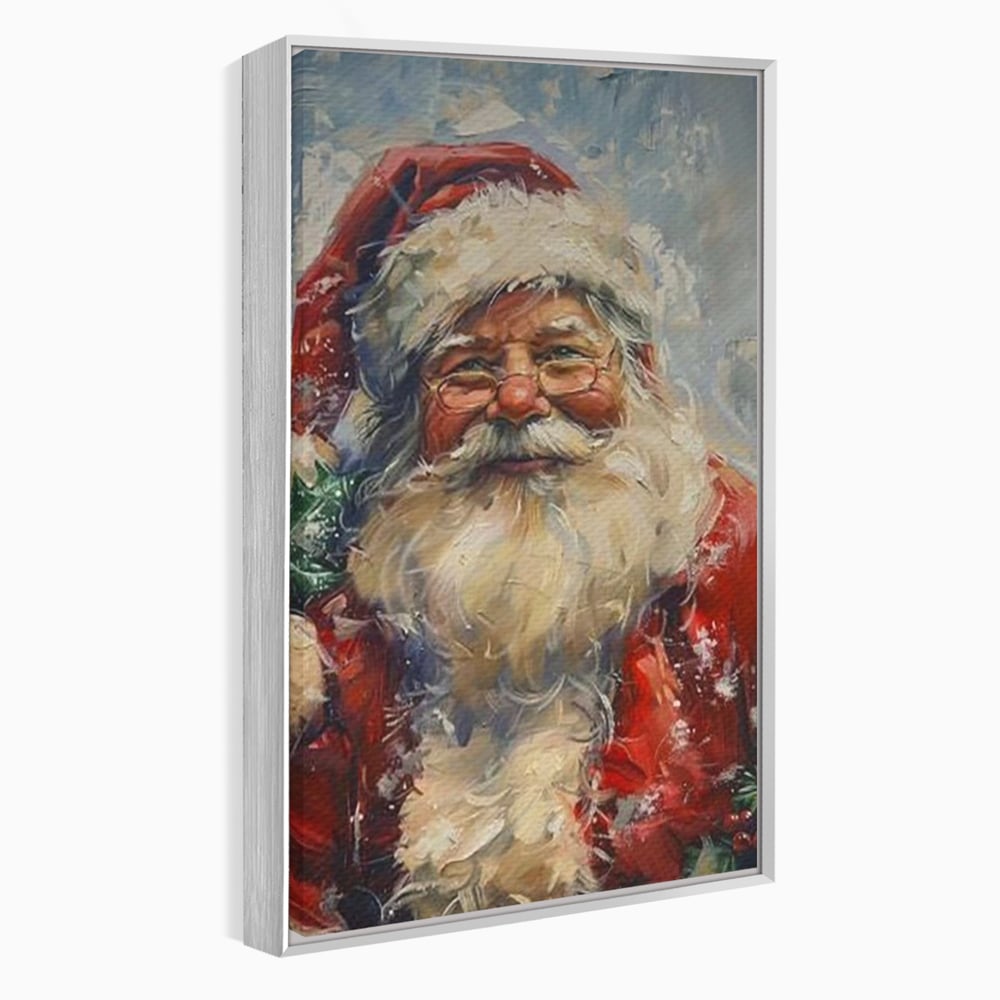 Tablou canvas cu pictura portret mos craciun cu ochelari, in rama de aluminiu argintiu